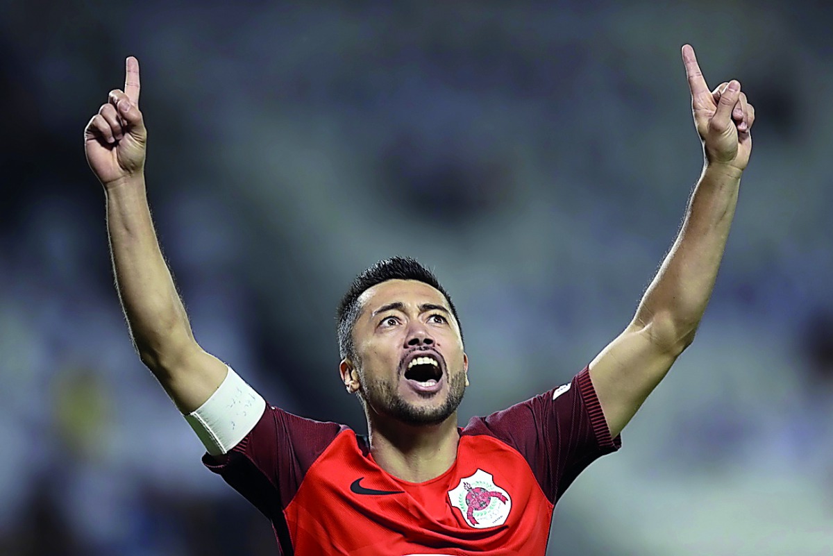 Rodrigo Tabata celebrates a goal against Al Gharafa on Saturday. 