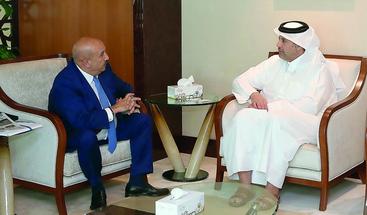 Minister of Economy and Commerce H E Sheikh Ahmed bin Jassem Al Thani (right) meeting with Cengiz Özgencil, President and Founder of the International Cooperation Forum, in Doha yesterday. 