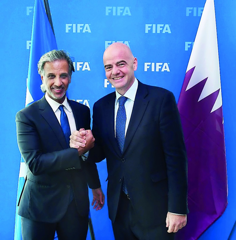 The President of the Qatar Football Federation (QFA) Sheikh Hamad bin Khalifa bin Ahmed Al Thani (left) with FIFA chief Gianni Infantino at the FIFA headquarters in Zurich in this file photo. 