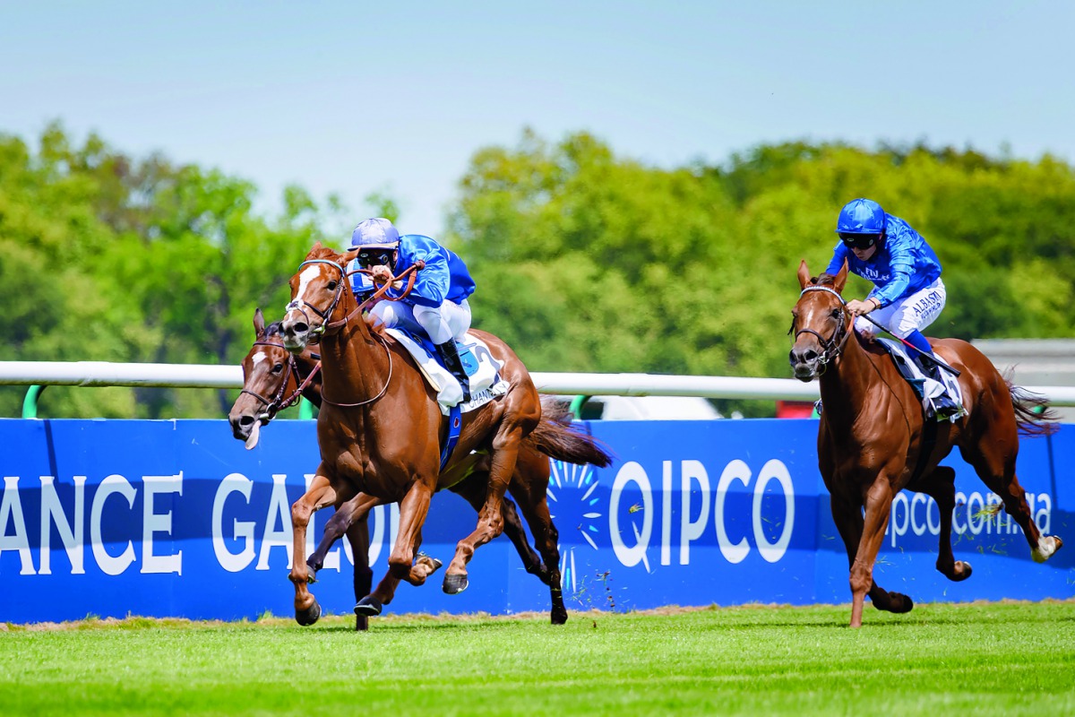 Jockey Cristian Demuro rides Mission Impassible (centre) towards the Prix de Sandringham (Group 2) win at Chantilly, France on Sunday.