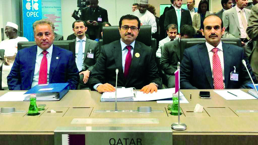 H E Dr Mohammad bin Saleh Al Sada (centre), Minister of Energy and Industry; with Saad Sherida Al Kaabi (right), Qatar Petroleum CEO & MD; and Sheikh Ali bin Jassim Al Thani, Qatar’s Ambassador to Vienna, during the Opec meeting yesterday.
