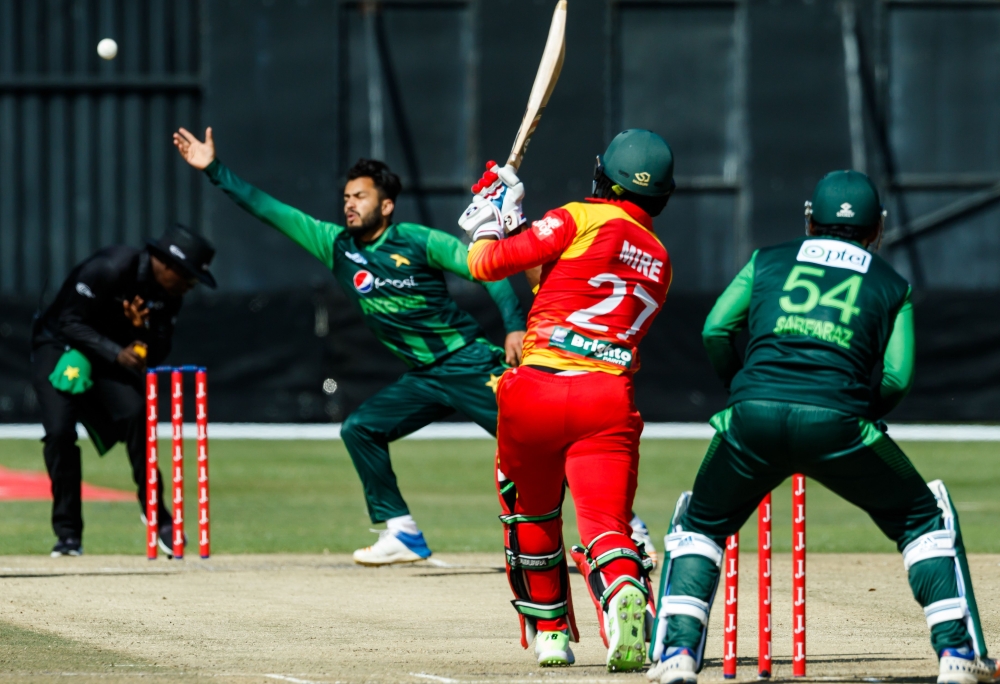 Zimbabwe batsman Solomon Mire bats during the 4th match played between Pakistan and Zimbabwe as part of a T20 tri-series at the Harare Sports Club on July 4, 2018. (AFP / Jekesai NJIKIZANA)