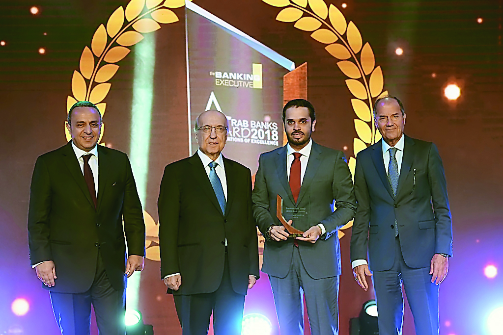 Omar Abdul Aziz Al Meer (second right), QIIB senior manager, Treasury and Investment Department,  with WUAB officials including Joseph Torbey(second left), chairman, Union of Arab Banks during the awards ceremony in Beirut. 