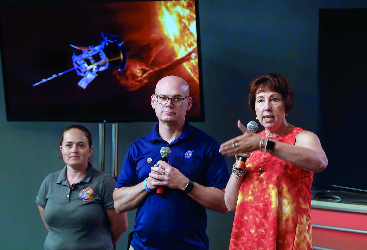 Alex Young, solar scientist at NASA's Goddard Space Flight Center (middle), Nicola Fox, Parker Solar Probe project scientist at Johns Hopkins Applied Physics Laboratory (APL) (right), and Betsy Congdon, Parker Solar Probe Thermal Protection System lead en