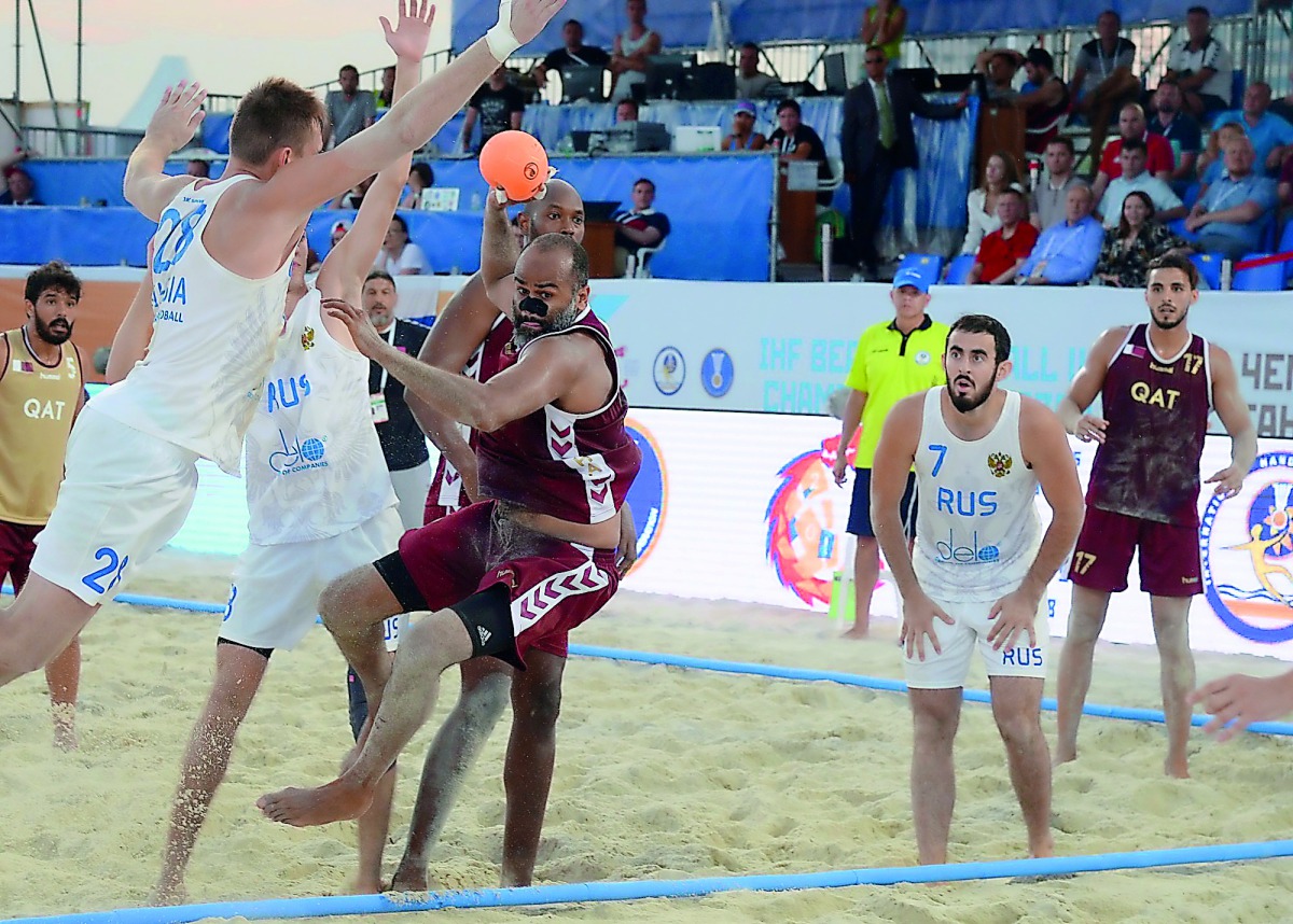 Action from Qatar’s match during the 8th World Beach Handball Championship in Kazan, Russia.