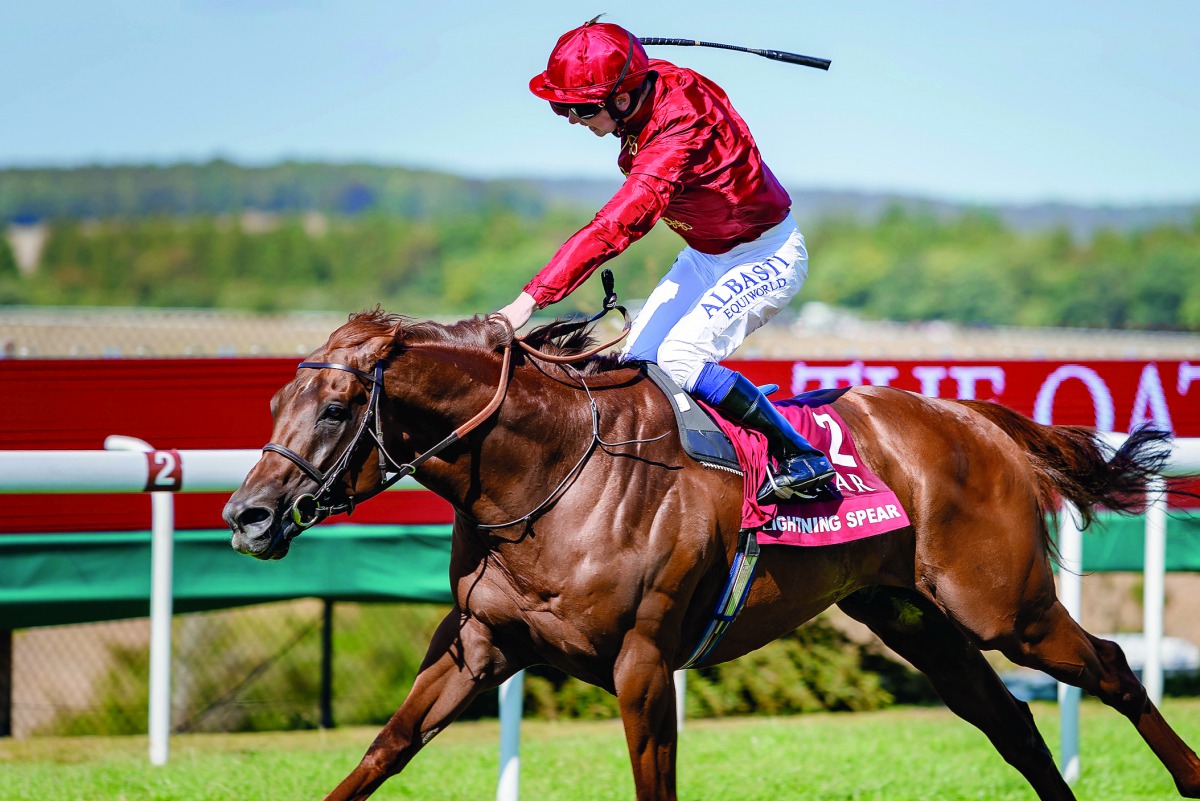 Lightning Spear reaching the finish line to win the Qatar Sussex Stakes at the Qatar Goodwood Festival in West Sussex, England yesterday. 