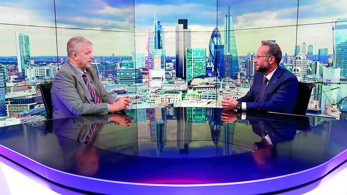 Chaouki Daher (right), Head of Private Banking at ibq at the London Stock Exchange Studios in London, UK, during a video interview sharing his expertise on the private banking sector in general and wealth management in Qatar in particular.