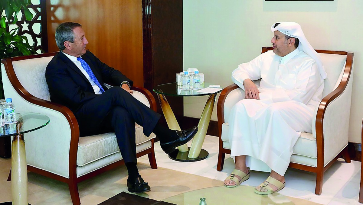 Ministry of Economy and Commerce H E Sheikh Ahmed bin Jassim Al Thani (right) with the visiting Representative of the First District of South Carolina, Mark Sanford, at his office in Doha, yesterday.