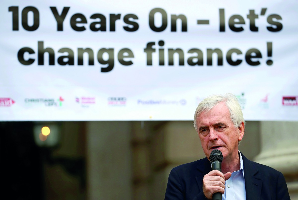 The Labour Party's shadow Chancellor of the Exchequer, John McDonnell, delivers a speech outside the Royal Exchange, opposite the Bank of England in the City in London, Britain September 15, 2018. Reuters/Hannah McKay 