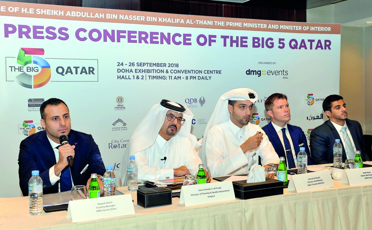 FROM LEFT: Rawad Sleem, Country Manager, DMG Events, Doha; Jamal Sharida S J Al Kaabi, Manager, Planning and Quality Department, Ashghal; Ahmed Al Obaidli, Director of Exhibitions, QTA; Andy Stuart, Senior Vice-President, DMG Events, and Omar Halawa, Busi