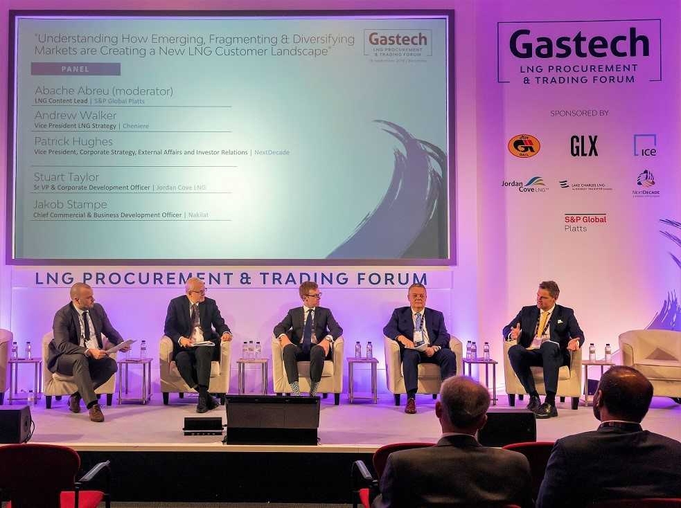 Jakob Stampe (right), Chief of Commercial & Business Development at Nakilat, with other speakers during a  panel discussions held on the sidelines of Gastech 2018, in Barcelona, Spain.