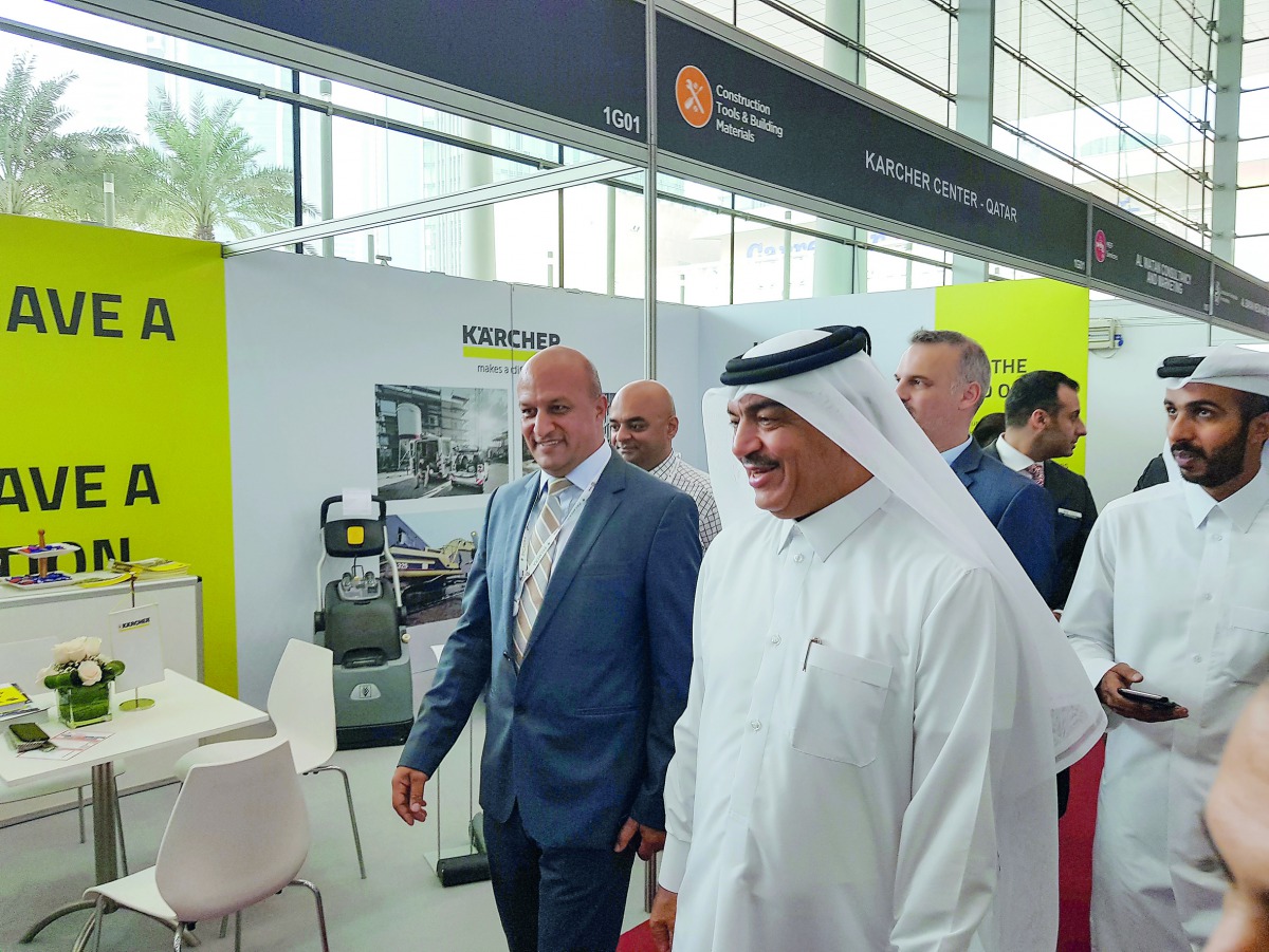 Minister of Municipality and Environment H E Mohamed bin Abdullah Al Rumaihi (centre) and senior officials, including Joe Lahoud, Group CEO, Marzooq S Al Shamlan Holding, under which Kärcher Center operates, taking a tour of ‘The Big 5 Qatar’, expo which 