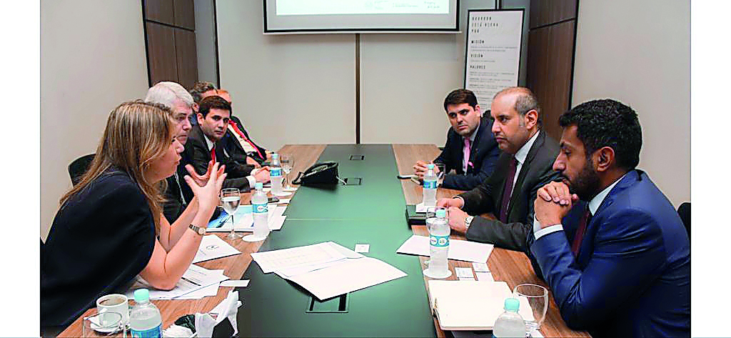 H E Sheikh Ahmed bin Jassim Al Thani (second right), Minister of Economy and Commerce, and members of his accompanying delegation discussing issues of bilateral concern with senior government representatives of  Paraguay, including Liz Cramer, Minister of