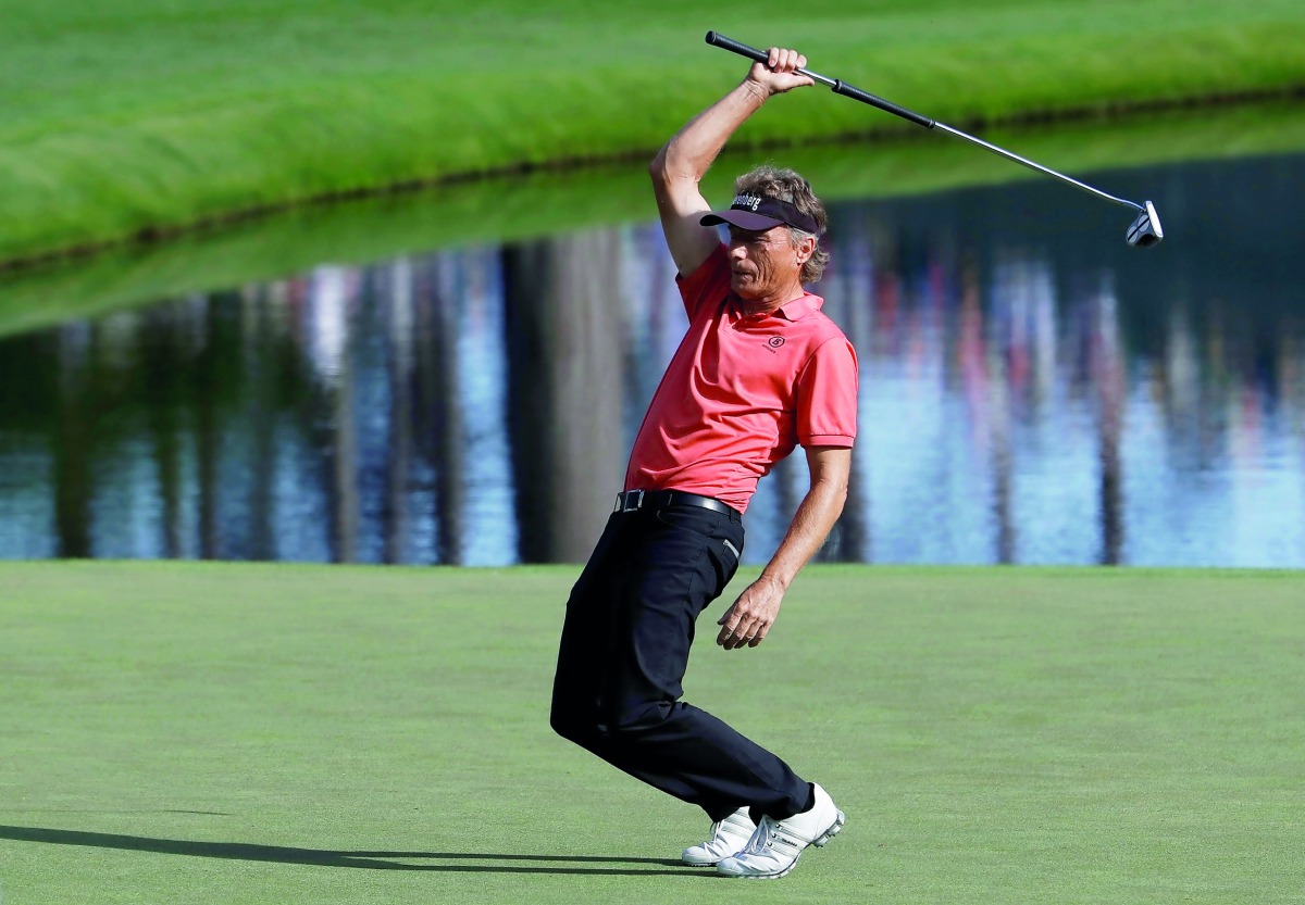 Bernhard Langer of Germany reacts to missing a putt on the 16th green during the first round play of the 2018 Masters golf tournament at the Augusta National Golf Club in Augusta, Georgia, US, in this April 5, 2018 file picture. Reuters/Jonathan Ernst