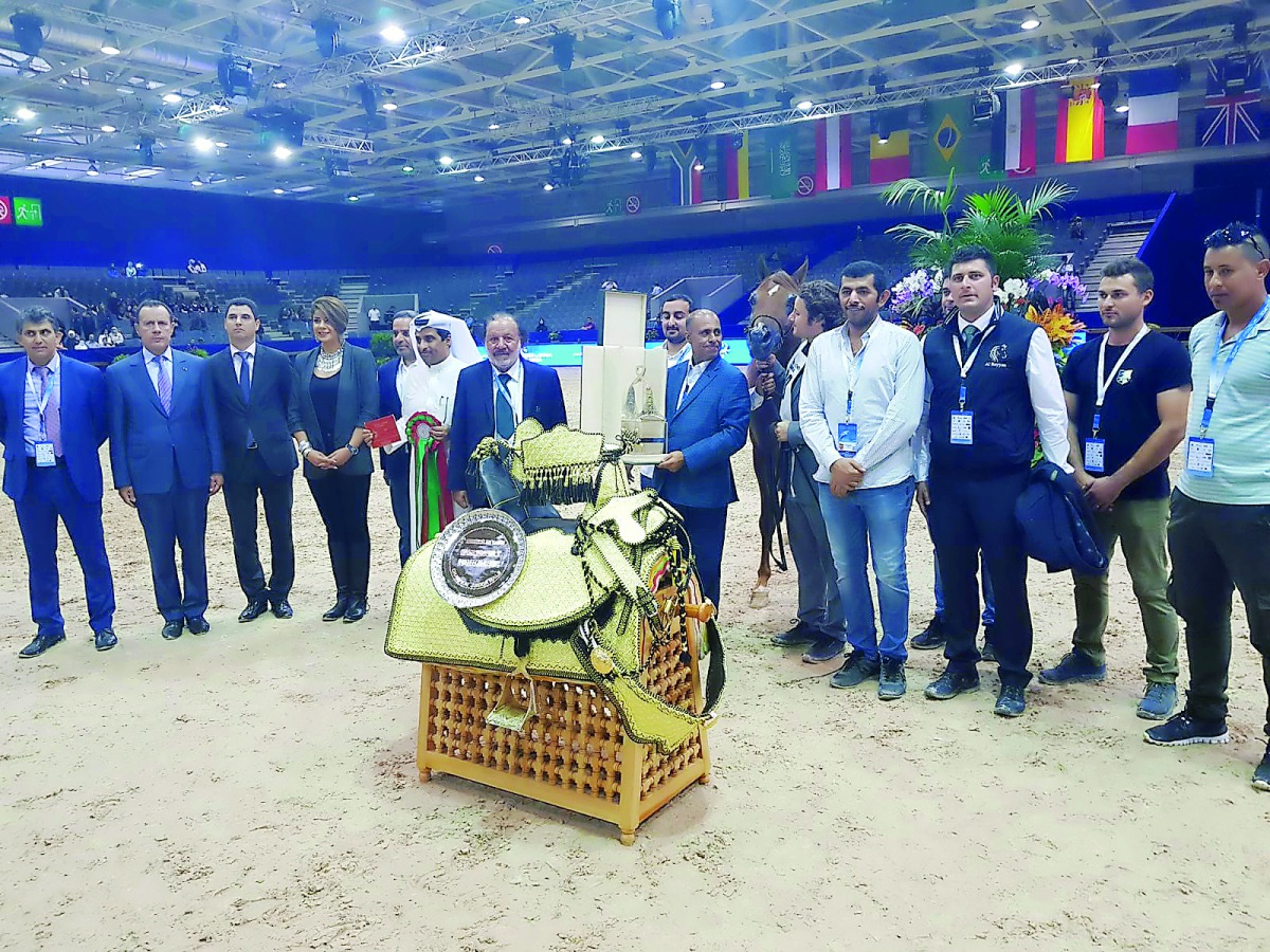 The podium winners at the Salon du Cheval d’El Jadida pose for a group picture.