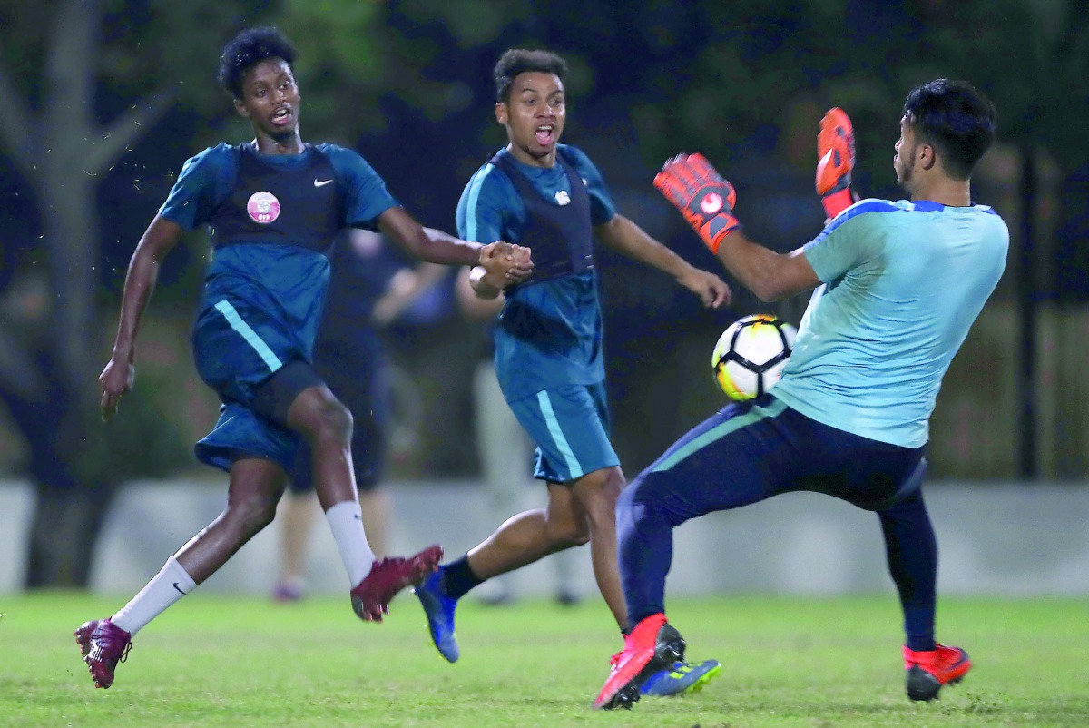 Qatari under-19 players taking part in a practice session on the eve of their AFC U-19 Championship match against hosts Indonesia in Jakarta yesterday.