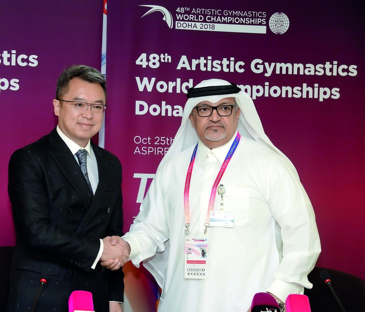Ali Al Hitmi, Executive Manager of the Organising Committee & President Qatar Gymnastics Federation, and Gang Cui, Chairman, TaiShan during the signing ceremony.
