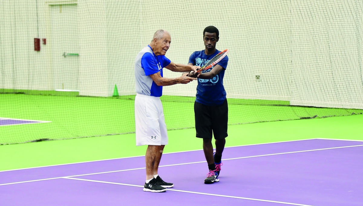 Legendary American tennis coach Nick Bollettieri (left) during a training workshop in Doha yesterday.