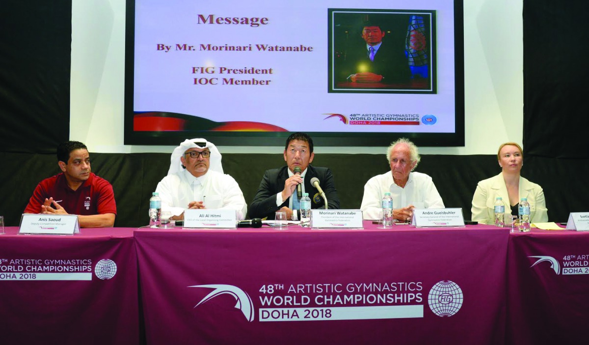 FROM LEFT: Anis Soud, Deputy Competition Manager, Ali Al Hitmi CEO of the Doha Worlds LOC, Morinari Watanabe, FIG President, Andre Gueisbuhler, FIG Secretary General and Competition Brand Ambassador Svetlana Boguinskaia during a press conference, yesterda