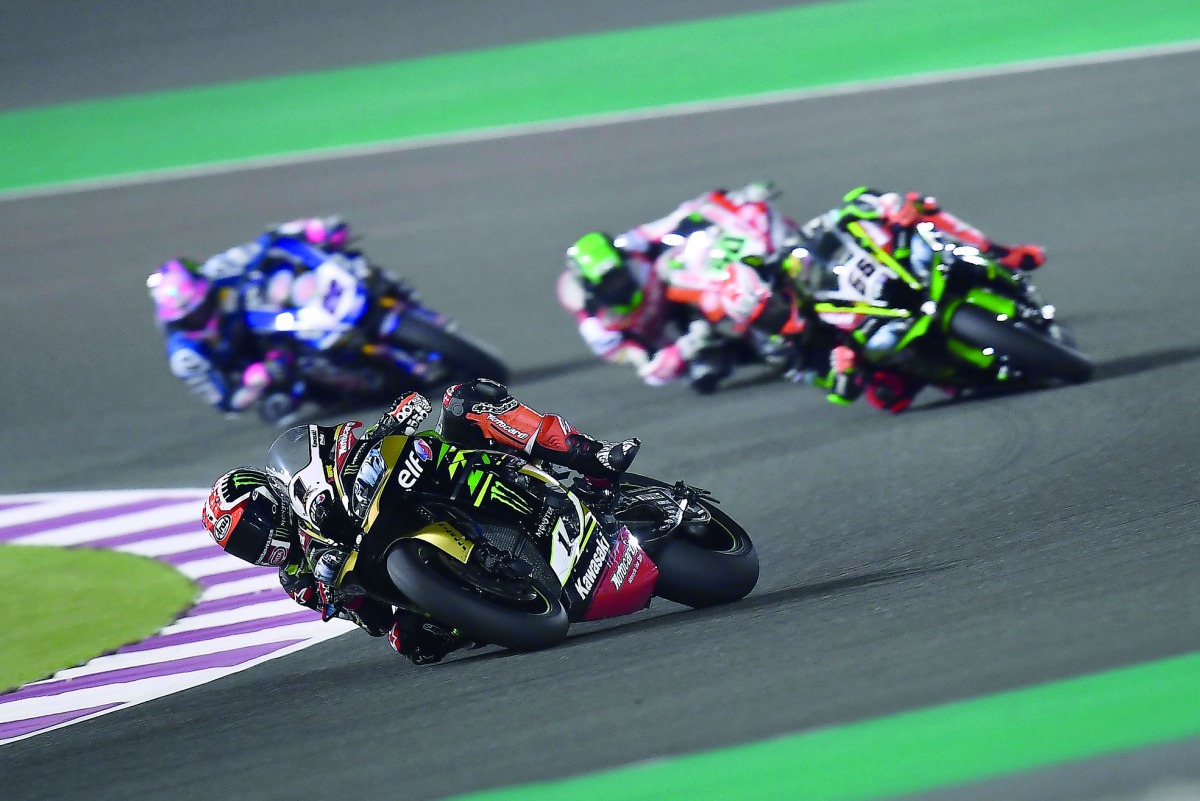 World Champion Jonathan Rea (front) of Great Britain on his way to win Race One of the WorldSBK at the Losail International Circuit yesterday.