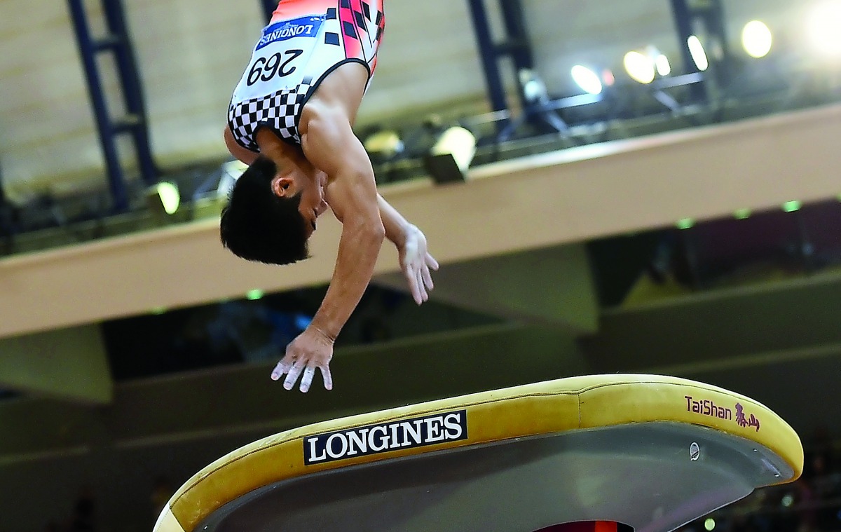 Japan’s Kenzo Shirai in action during the men’s vault yesterday. Picture: Syed Omar 