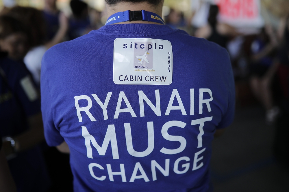 Ryanair Airlines employees stage a protest after strike call for 24 hours demanding wage increase at the Adolfo Suarez Madrid-Barajas Airport on September 28, 2018. Burak Akbulut/Anadolu Agency
