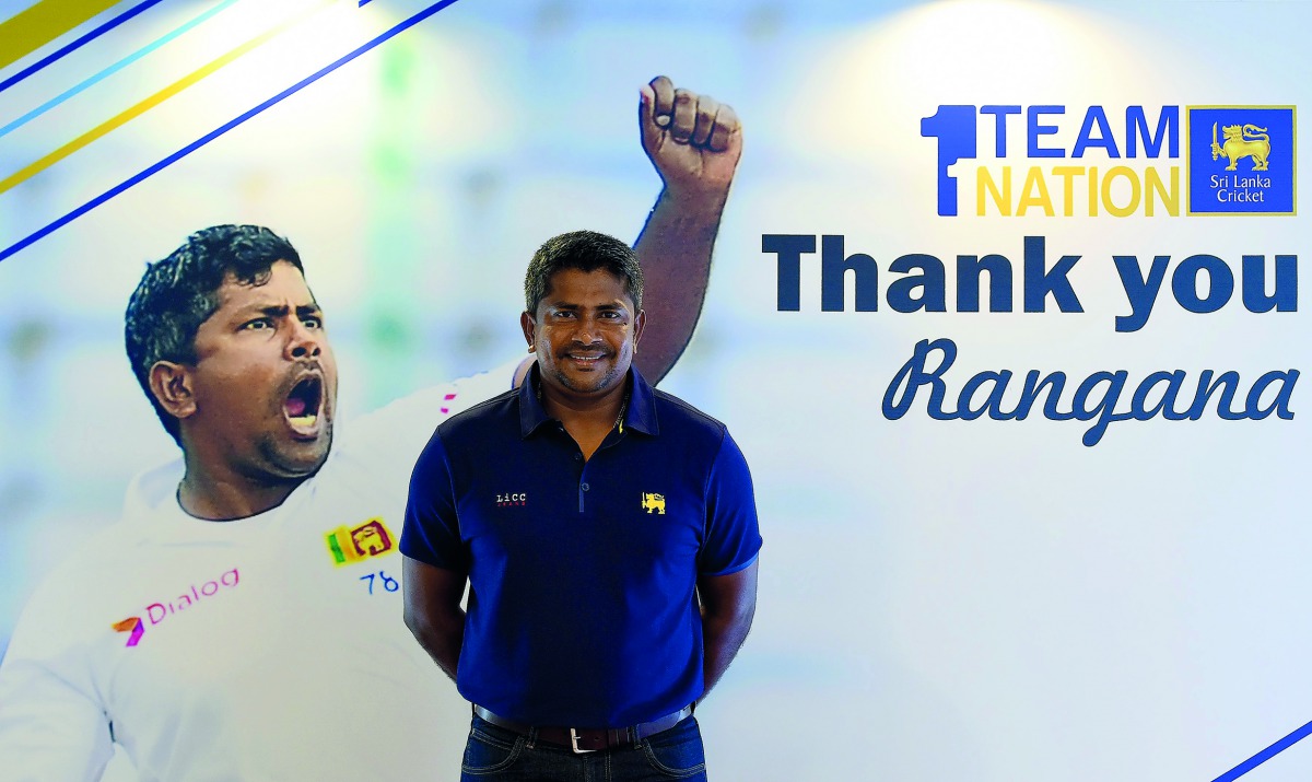 Sri Lankan cricketer Rangana Herath poses for a photo after a media conference at the Galle International Cricket Stadium in Galle on November 5, 2018.  AFP / Ishara S Kodikara

