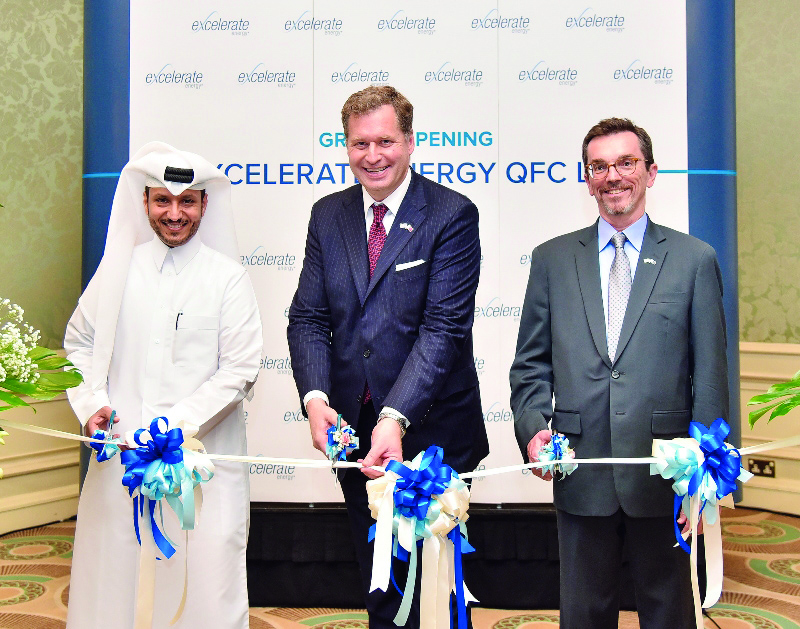 From left: Nakilat Chief Executive Officer,  Abdullah Al Sulaiti, Excelerate Energy Managing Director  Steven Kobos, and Chief of Mission and Chargé d´Affaires of the United States Embassy in Doha William Grant, cutting a ribbon to mark the opening of  Ex