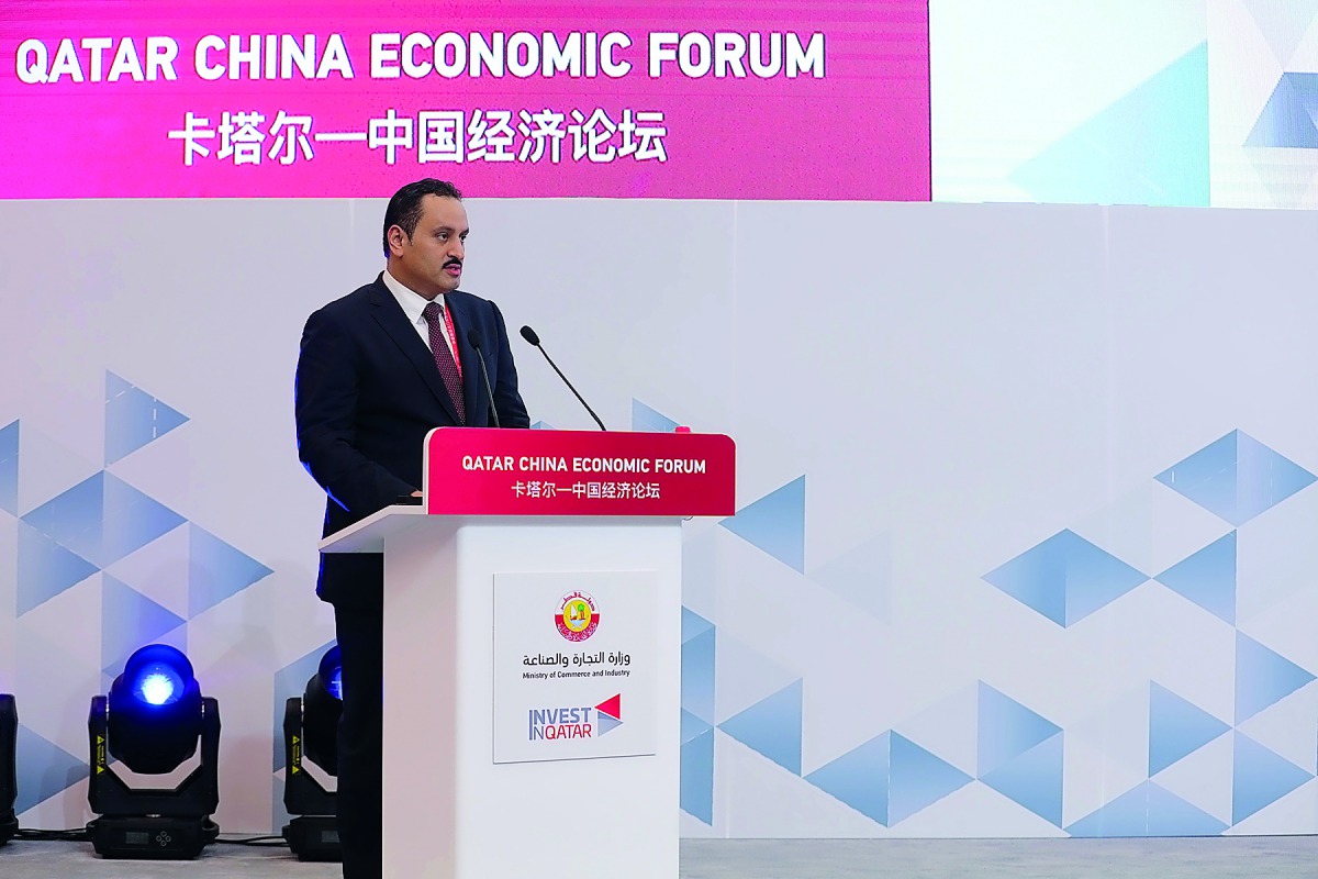 Sultan bin Rashid Al Khater, Undersecretary at the Ministry of Commerce and Industry, delivering his speech at the opening of the Qatar-China Economic Forum in Shanghai, yesterday.