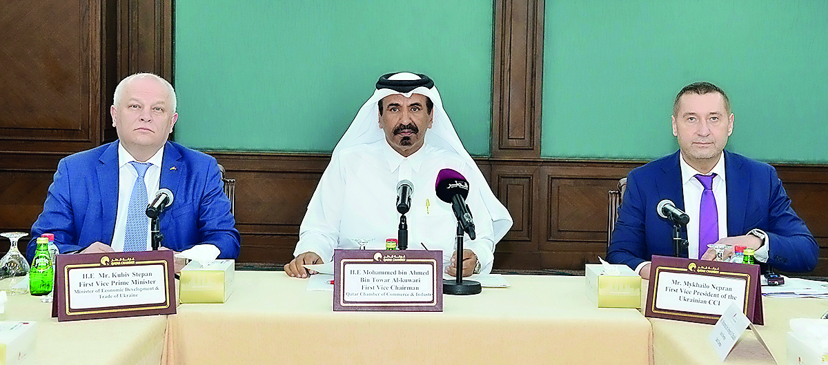 FROM LEFT: Stepan Kubiv, Ukrainian Deputy Prime Minister & Minister of Economic Development and Trade; Mohamed bin Ahmed bin Towar, Qatar Chamber’s First Vice Chairman and Mykhailo Nepran, First Vice-President of the Ukrainian Chamber of Commerce and Indu