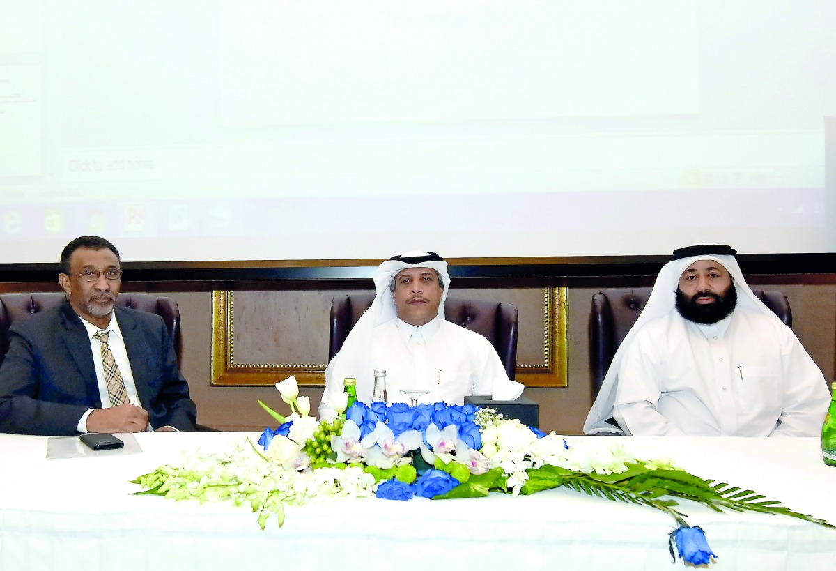 Faisal Saleh Al Mannai (centre), Head of Supervision and Control of Banks and other Financial Institutions Department at Qatar Central Bank (QCB), with other officials at the opening of the workshop organised by the QCB at Sharq Village and Spa in Doha ye