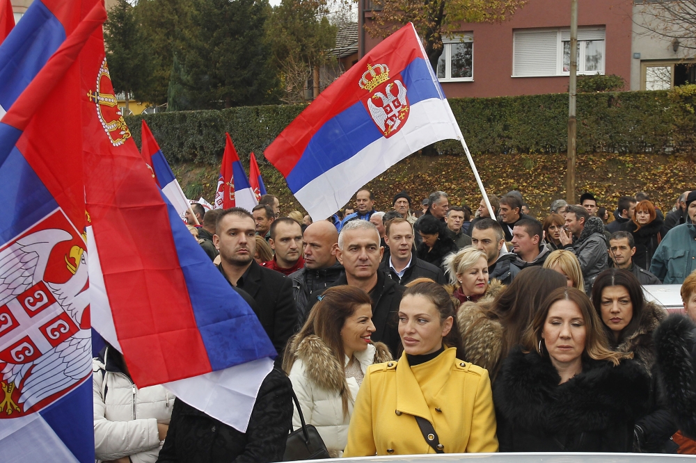 Kosovo Serbs stage a protest against Kosovo's decision on 100 percent tariff for Serbian and Bosnia-Herzogevinan imports in front of European Union Rule of Law Mission in Kosovo (EULEX) building in the northern town of Mitrovica, Kosovo on November 27, 20