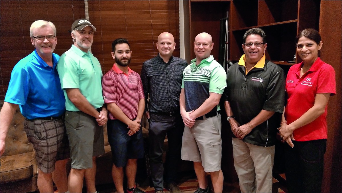 The winners of the Qatar Golf Lovers (QGL) tournament (FROM LEFT) David Wills, Dwayne Smith, Elias Aboud, Jason Sibley, Aaron Lee, PK Mathew and Cherehzade Pedder pose for a photograph at the Doha Golf Club. 