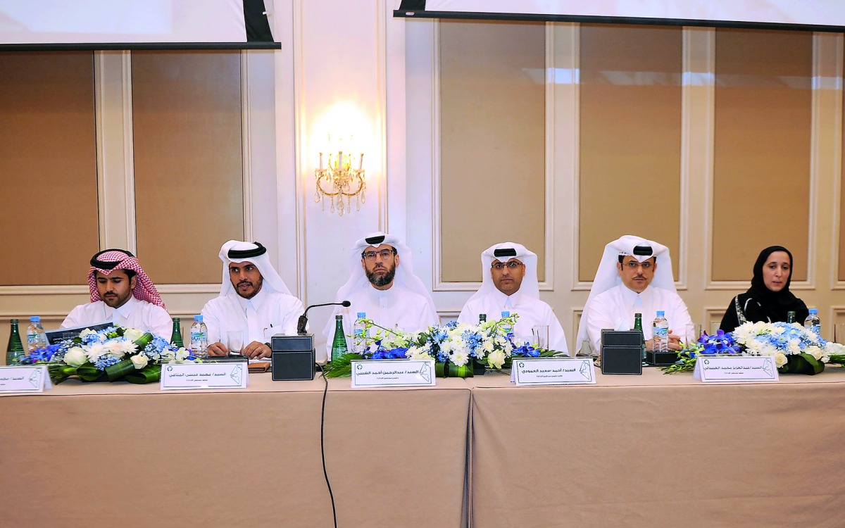 Abdulrahman Ahmad Al Shaibi (third left), Chairman of Qamco; and Ahmed Saeed Al Amodi (third right), Vice-Chairman, along with other board members at Qamco’s first General Assembly meeting in Doha yesterday. Pic: Abdul Basit / The Peninsula 

