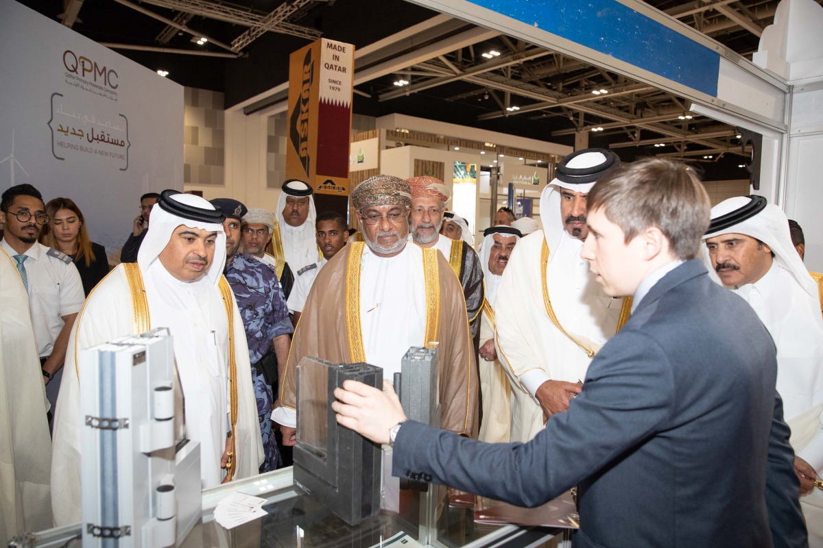 Minister of Commerce and Industry H E Ali bin Ahmed Al Kuwari,  First Vice-Chairman of Qatar Chamber, Mohamed bin Towar Al Kuwari, and other dignitaries at the Made in Qatar exhibition in Oman yesterday.