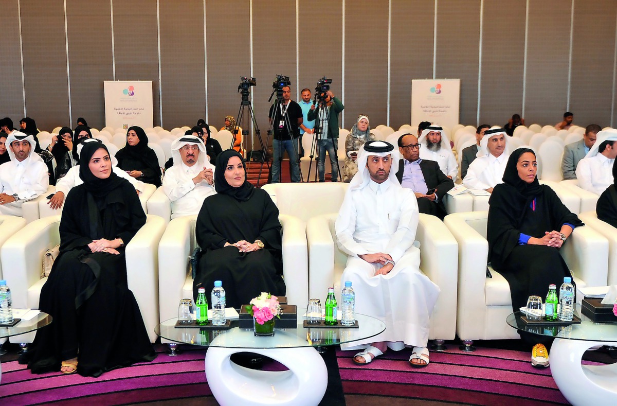 QFSW’s CEO Amal Abdullatif Al Mannai (second left) and Manar Khalifa Al Muraikhi (right), Director of Community and Public Relations for Ooredoo Qatar, and other officials during the Opening of Media and Disability Forum in Doha yesterday. Pic: Abdul Basi