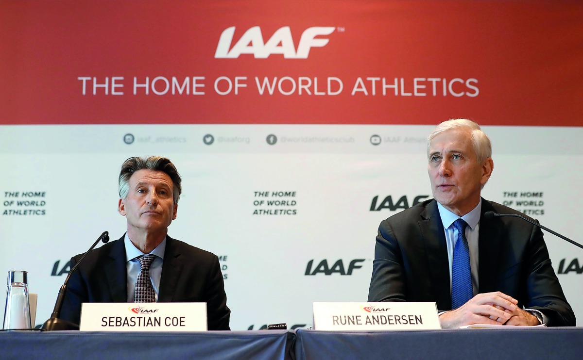 IAAF President Sebastian Coe (left) and Rune Andersen, head of the IAAF taskforce on Russia during a press conference, yesterday. 