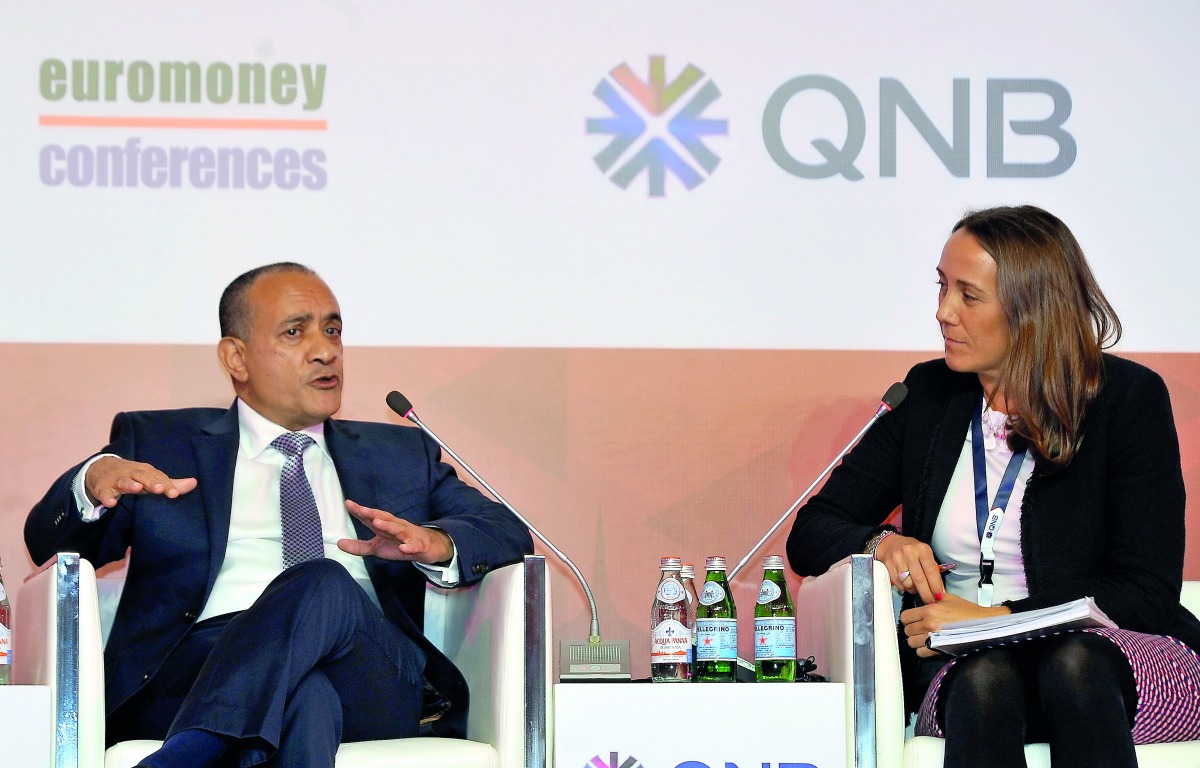 Joseph Abraham (left), Group Chief Executive Officer of Commercial Bank, being interviewed at the opening session of the Euromoney Conference 2018 at the St Regis Hotel in Doha yesterday. 
Pic: Salim Matramkot / The Peninsula 
