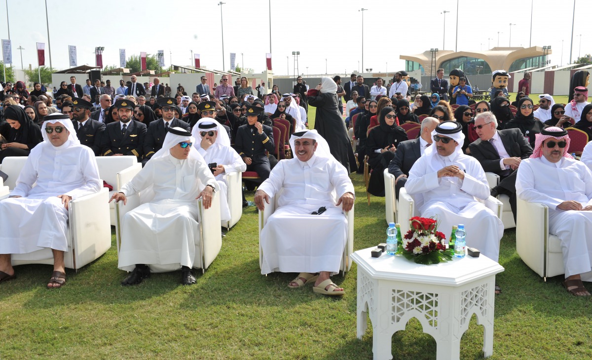 Minister of Transport and Communications H E Jassim bin Saif Al Sulaiti, with Group CEO of Qatar Airways, Akbar Al Baker, and other officials at the Qatar National Day celebrations by Qatar Airways at the Old Airport Park yesterday. Pic: Salim Matramkot /