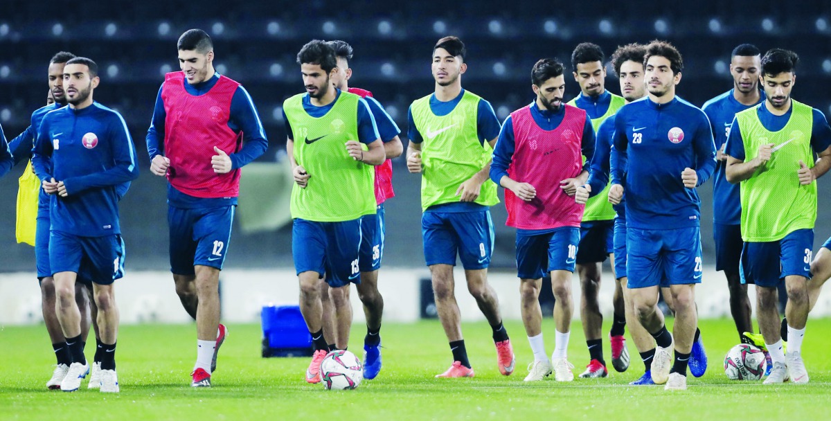 Qatari players take part in yesterday’s practice session.