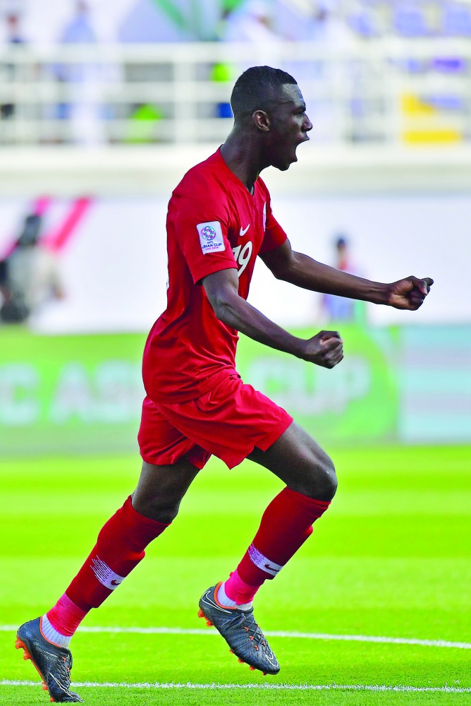 Qatar’s forward Almoez Ali  during the 2019 AFC Asian Cup Group E against North Korea in Al Ain, yesterday. 