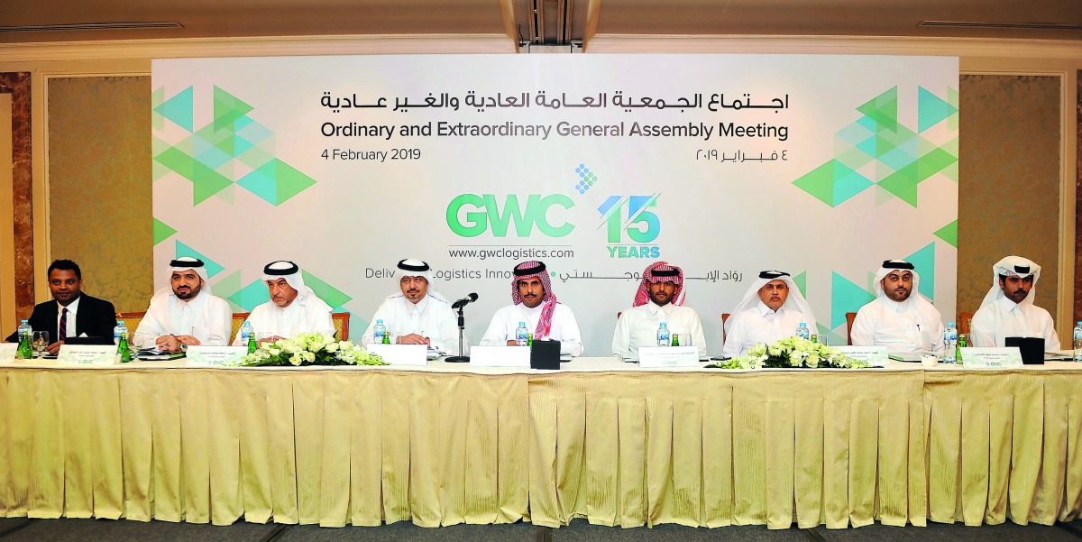 Sheikh Abdulla bin Fahad bin Jassem bin Jabor Al Thani (centre), Chairman of GWC, with Sheikh Fahad bin Hamad bin Jassem bin Jabor Al Thani, (fourth right) Vice-Chairman, and other board members during the General Assembly meeting in Doha, yesterday. Pic: