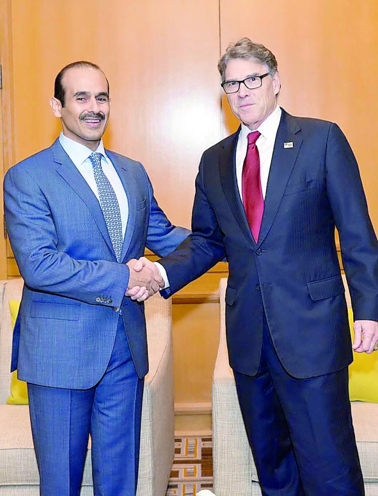 H E Saad bin Sherida Al Kaabi (left), the Minister of State for Energy Affairs, President and CEO of QP, during the discussions with Rick Perry, the US Secretary of Energy in Washington, DC.