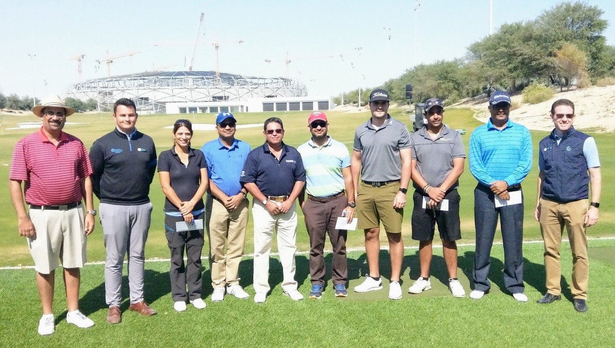 The prize winners at the Qatar Golf Lovers tournament (from left) Manoj Megchiani, Nico-James Visser, Cherehzade Pedder, Sanjay Jain, PK Mathew, Surinder Bhagat, Nathaniel Hayes, Naeem Nanji, Mrityunjay Dhawal and Rhys Beecher pose for a picture during th