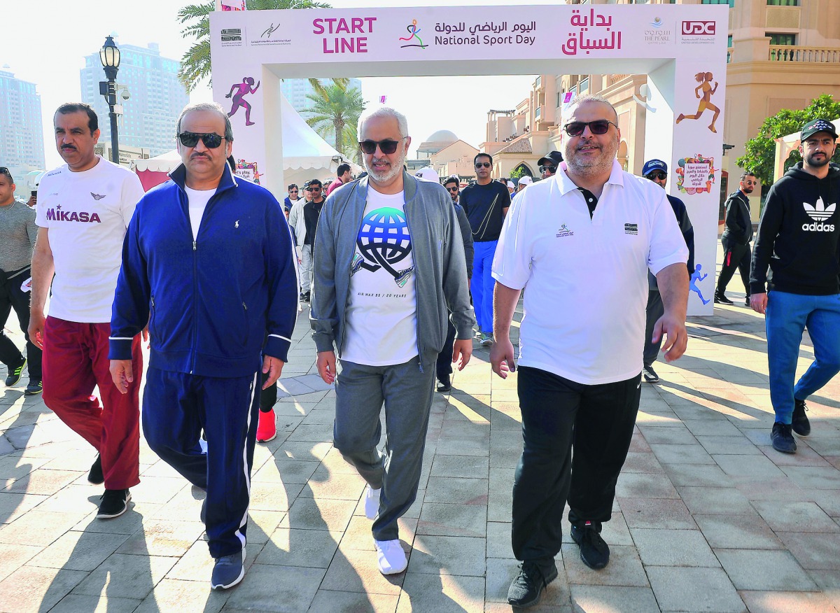UDC Chairman Turki bin Mohammed Al Khater (centre); UDC President & CEO Ibrahim Jassim Al Othman; Dr Saad bin Ahmad Al Muhannadi, President of Ashghal, and others at the National Sport Day events held at the The Pearl-Qatar yesterday.  Pics: Baher Amin/Th