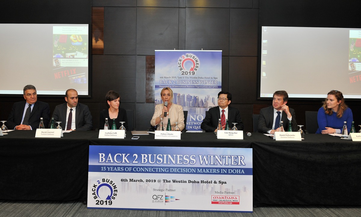 Palma Libotte (centre) of the Italian Chamber of Commerce in Qatar; with (from left): Ahmet Basar, Turkish Businessmen Association – Qatar; Commercial Counsellor at the Turkish Embassy in Doha; Carlotta Colli, Deputy Head of Mission at the Italian Embassy