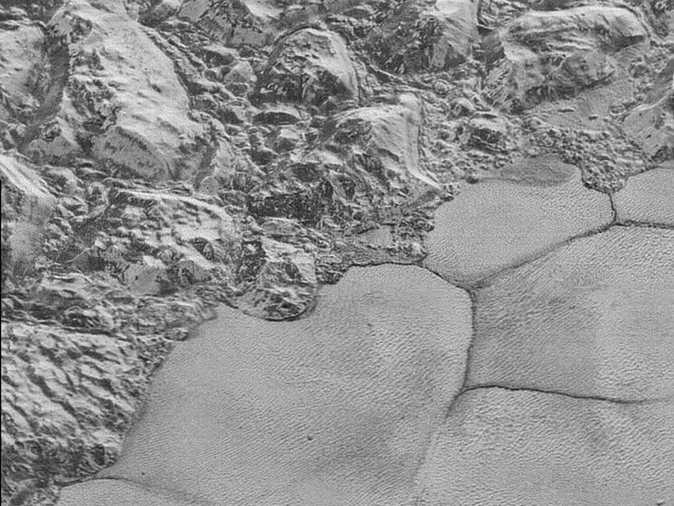 Pluto's dune formations can be seen in the bottom half of the picture. Picture: NASA - Johns Hopkins University APL - Southwest Research Institute.
