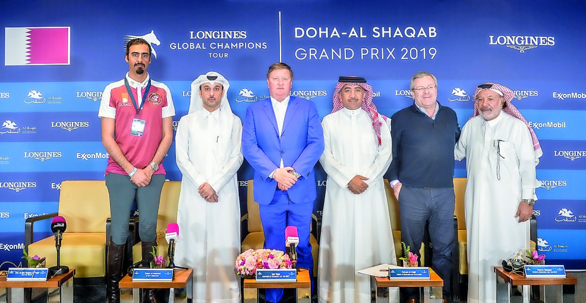 FROM LEFT: Qatari rider Sheikh Ali bin Khalid Al Thani, Al Shaqab Commercial Manager and the Event Director Omar Al Mannai, Founder and President of Longines Global Champions Tour (LGCT) Jan Tops, Media and Broadcast Director at Al Shaqab, Fahad Abdulla A