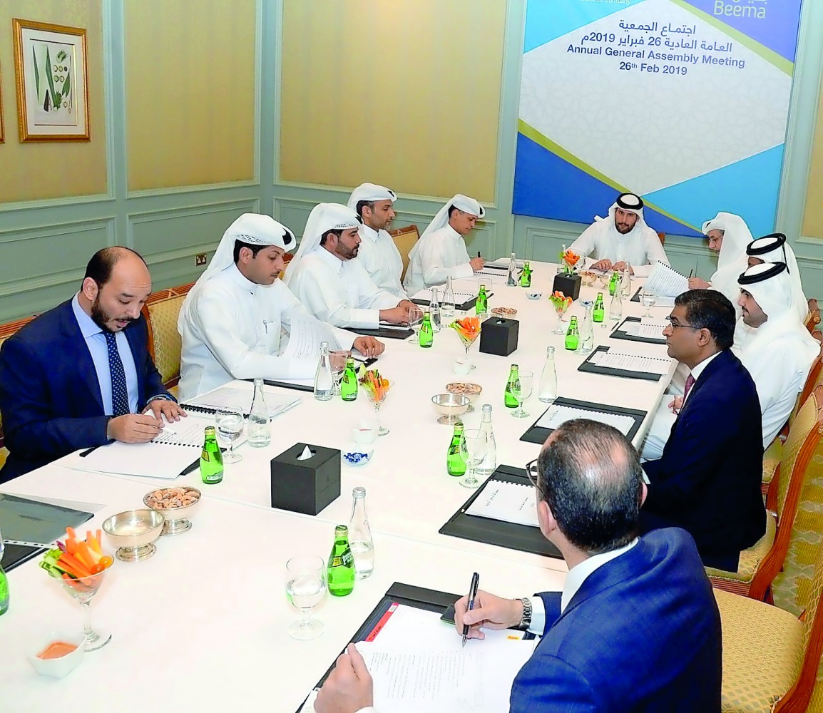Beema Chairman Sheikh Jassim bin Hamad bin Jassim bin Jabor Al Thani (centre); Deputy Chairman Abdulatif bin Abdullah Al Mahmoud (fifth right); and other Board members reviewing the 2018 financial results.