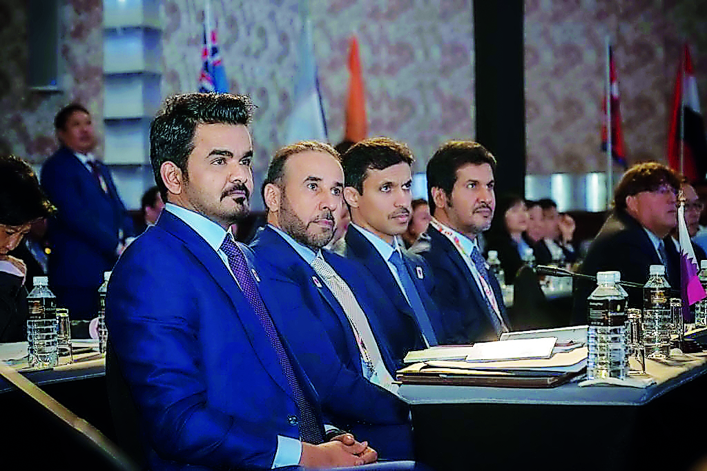 Qatar Olympic Committee (QOC) President H E Sheikh Joaan bin Hamad Al Thani, Dr Thani bin Abdulrahman Al Kuwari, Second Vice-President of the QOC and QOC Secretary General Jassim Al Buenain during the 38th General Assembly of the Olympic Council of Asia (